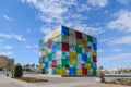 Multi coloured glassÃÂ cube Pompidou centre at boulevard Malaga Spain